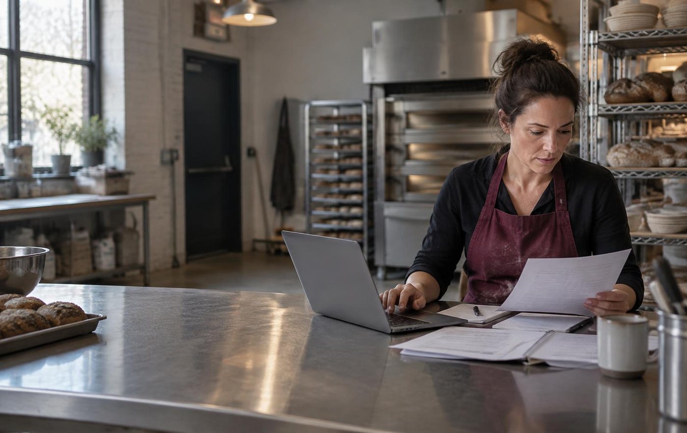 A business owner reviewing paperwork at her bakery